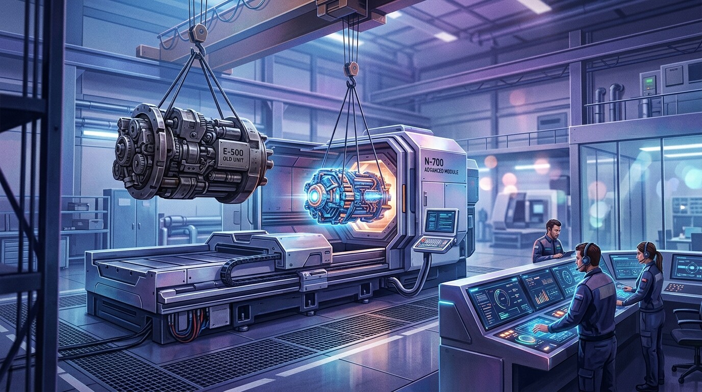 Aggiornamento dei modelli AI: il modulo motore di una macchina industriale sostituito con uno più recente in officina