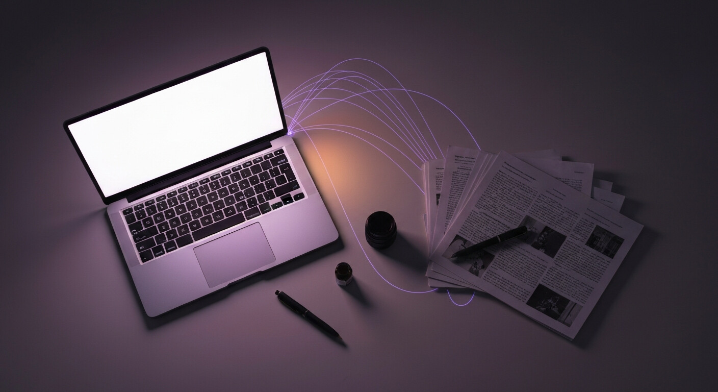 Scrivania con laptop e articoli collegati da linee di luce: l'automazione contenuti AI di un agente editoriale