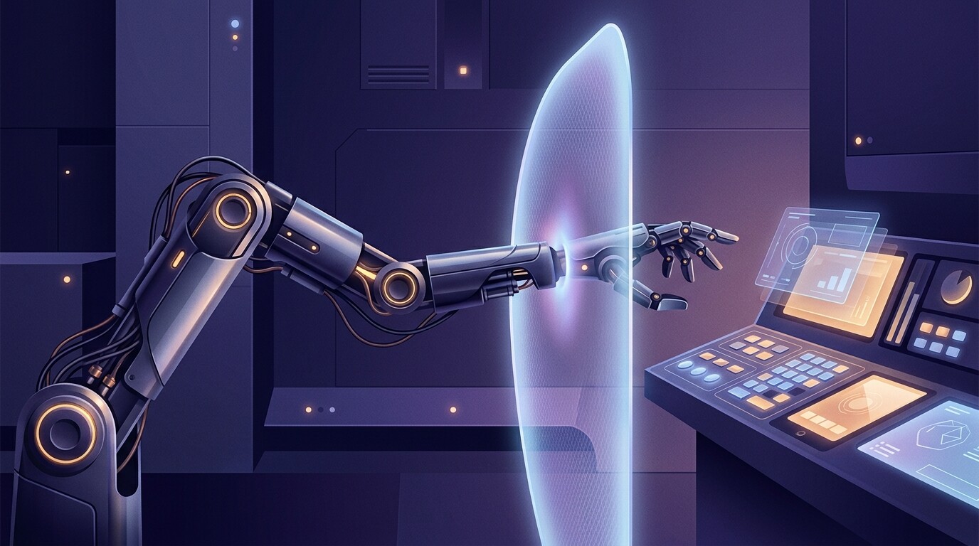 Braccio robotico fermato da una barriera luminosa davanti a una console: l'autonomia degli agenti AI e i suoi confini