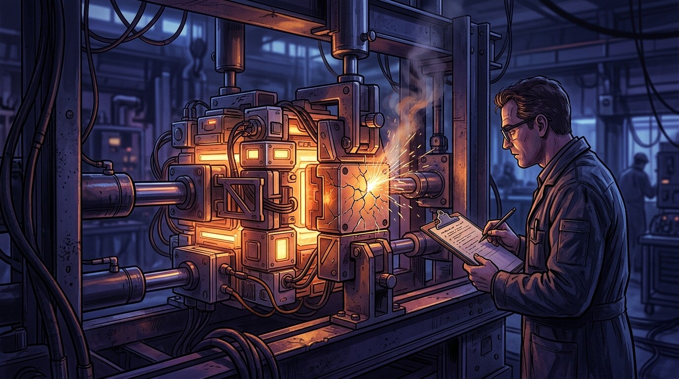 Collaudo di un'automazione AI: banco di prova industriale che mette sotto sforzo una macchina modulare luminosa