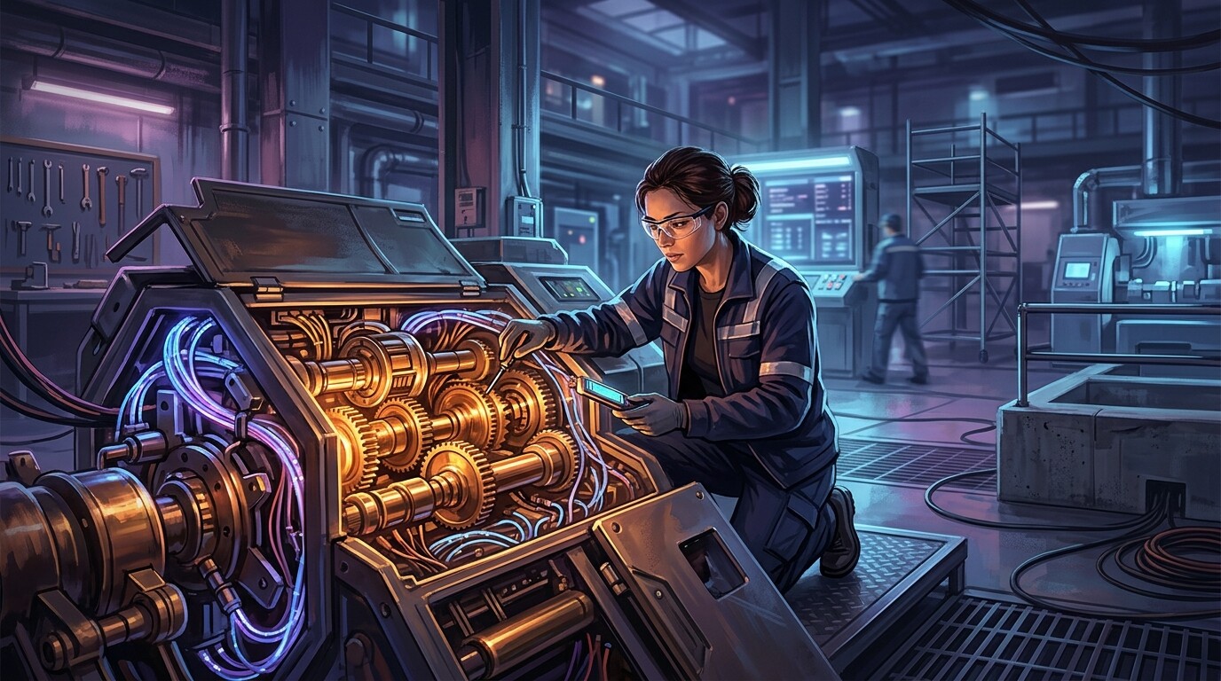 Tecnico al lavoro su un macchinario aperto: la manutenzione di un'automazione AI come attività continua