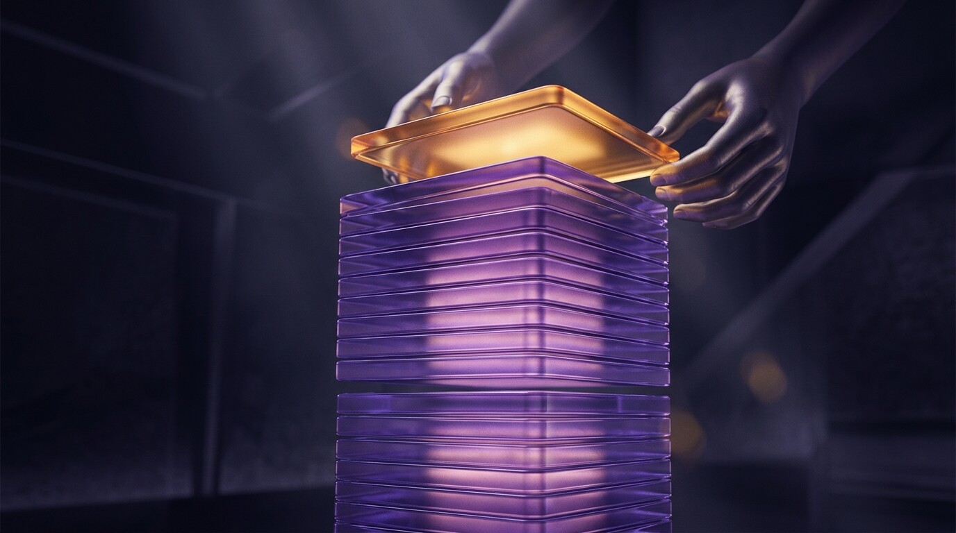 Prompt caching: strati traslucidi viola riusati e un nuovo strato ambra, metafora del contesto già elaborato