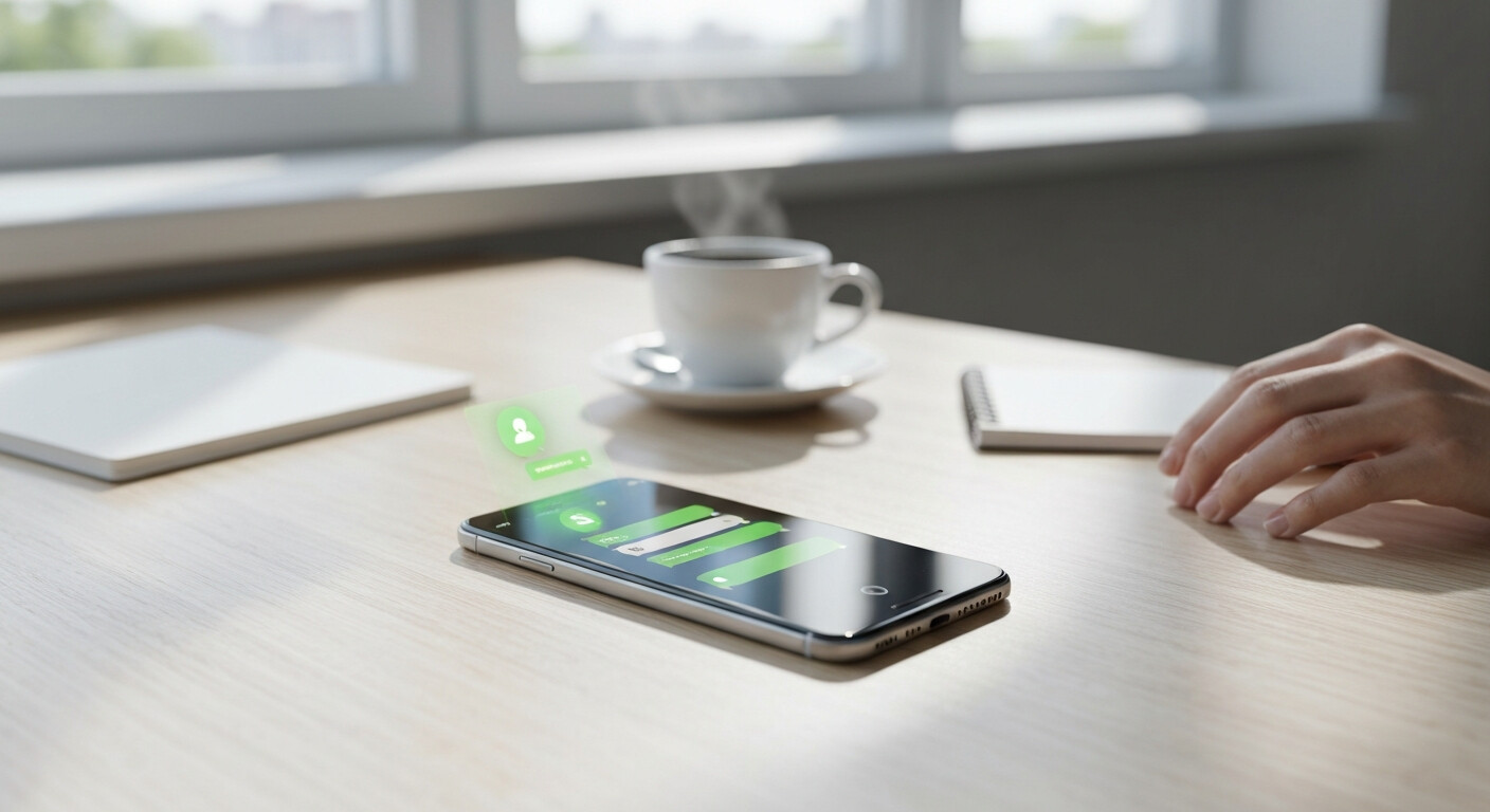 Risposte automatiche WhatsApp su uno smartphone in un ufficio, con la voce del brand curata
