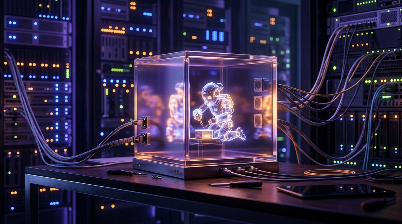 Cubo di contenimento trasparente in una sala server: il concetto di sandbox per agenti AI