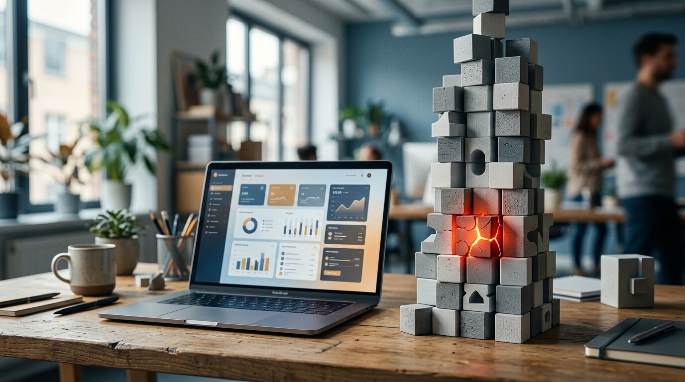 Sicurezza WordPress: pila instabile di moduli accanto a un laptop, con un blocco incrinato che rappresenta un plugin vulnerabile