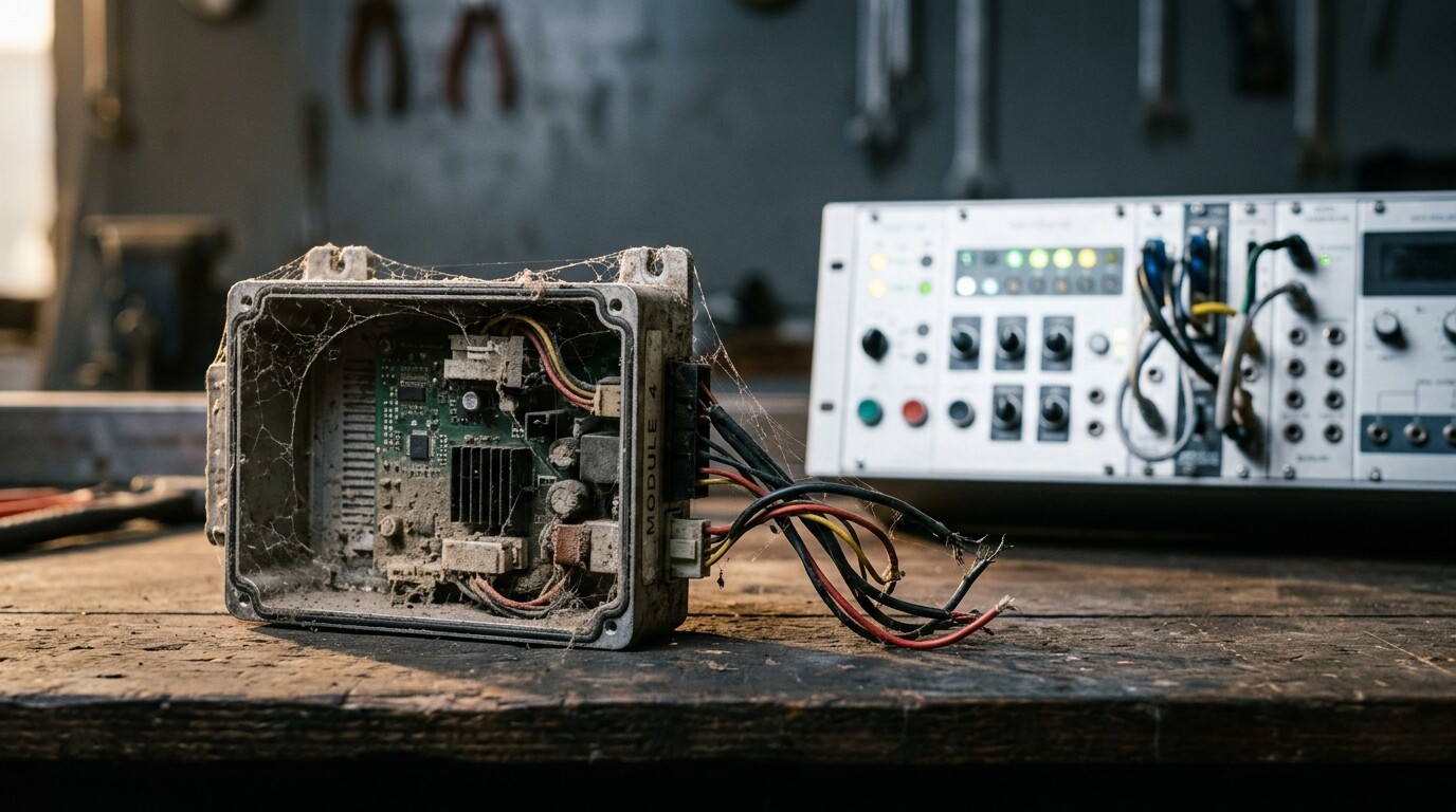 Modulo elettronico impolverato e scollegato accanto a un pannello pulito, metafora di un plugin WordPress abbandonato ma ancora attivo sul sito