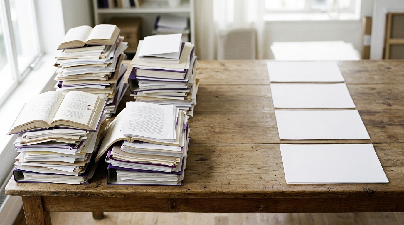 Pile di documenti da leggere su un lato del tavolo e singoli fogli di sintesi sull'altro, metafora della delega ai sotto-agenti AI