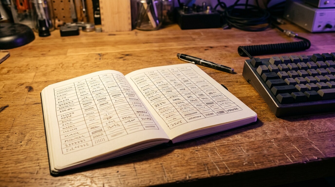Quaderno aperto con un registro a righe e colonne accanto a una tastiera, metafora del registro delle modifiche ai prompt